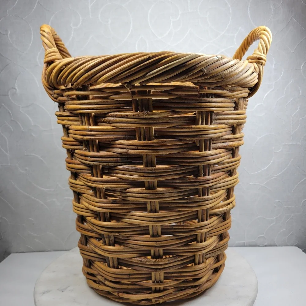 Handmade Woven Wicker Stick Basket Large Rustic Storage Handles Farmhouse Decor